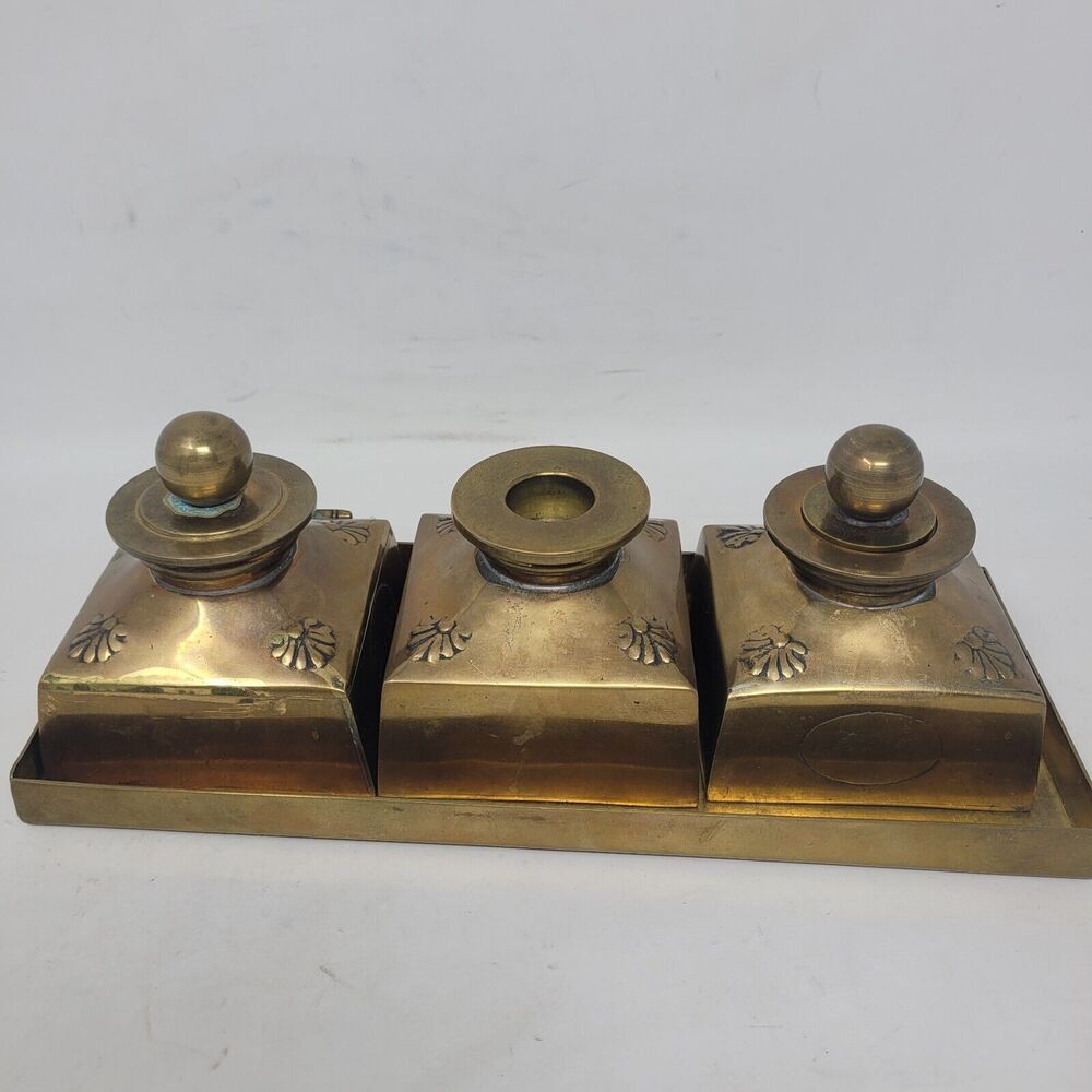 Italian Brass Ink Well Desk Set & Tray, Hinged Trinket box, HEAVY Brass Tinto